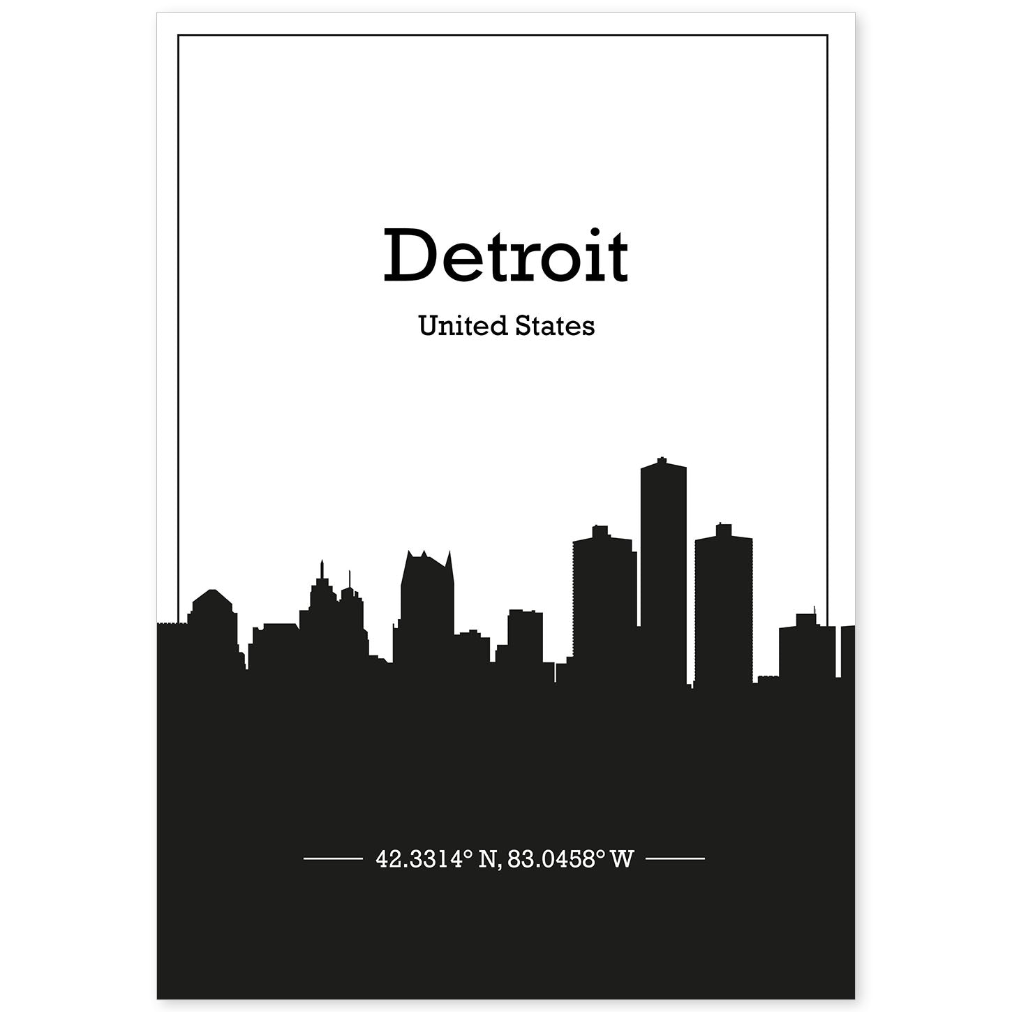 Poster con mapa de Detriot - USA. Láminas con Skyline de ciudades de Estados Unidos, Canada, Mexico con sombra negra.-Artwork-Nacnic-A4-Sin marco-Nacnic Estudio SL