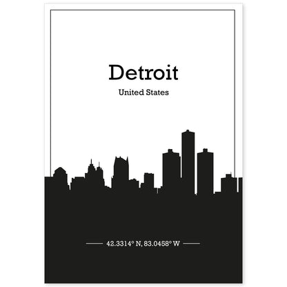 Poster con mapa de Detriot - USA. Láminas con Skyline de ciudades de Estados Unidos, Canada, Mexico con sombra negra.-Artwork-Nacnic-A4-Sin marco-Nacnic Estudio SL