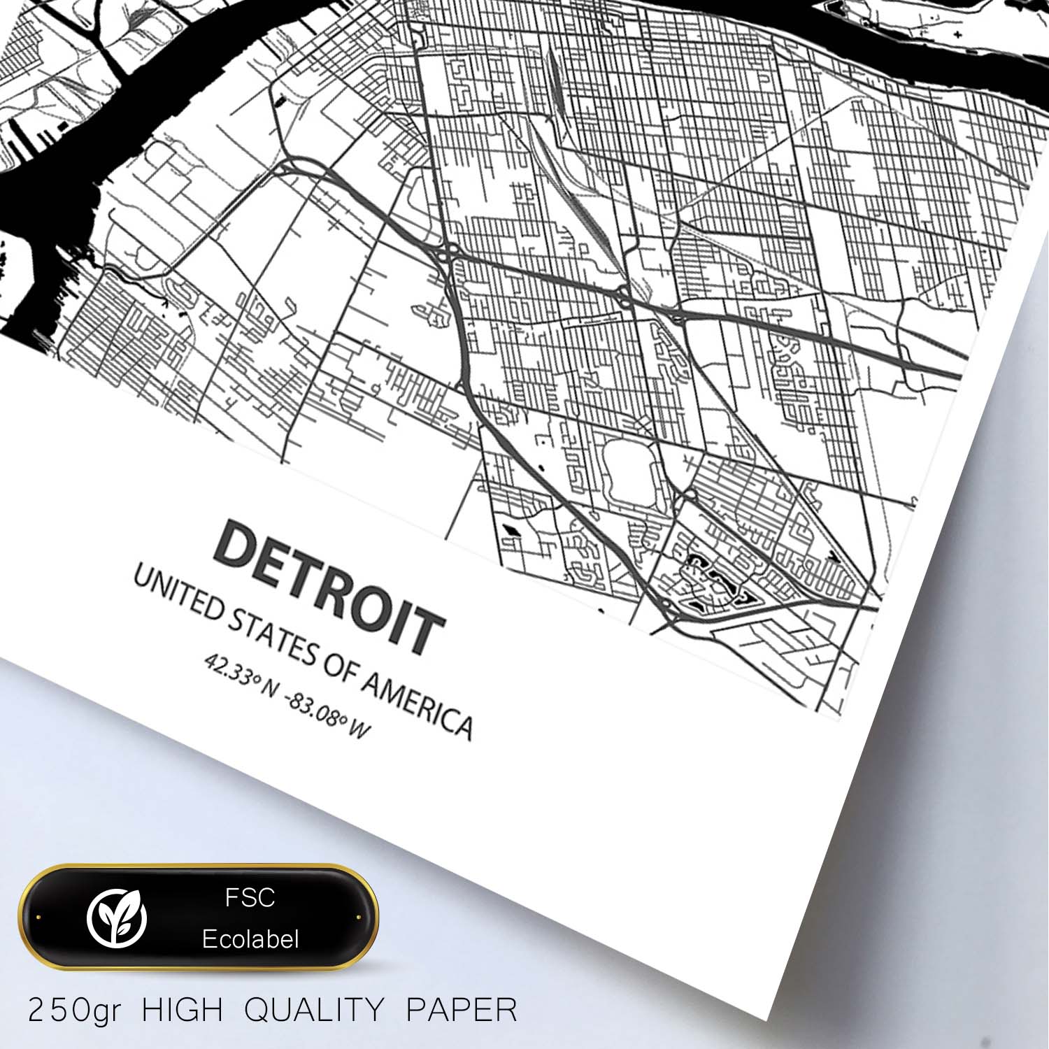 Poster con mapa de Detroit - USA. Láminas de ciudades de Estados Unidos con mares y ríos en color negro.-Artwork-Nacnic-Nacnic Estudio SL