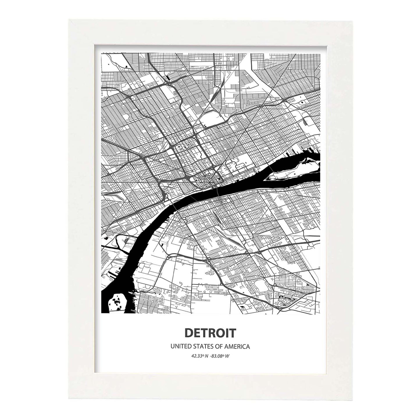 Poster con mapa de Detroit - USA. Láminas de ciudades de Estados Unidos con mares y ríos en color negro.-Artwork-Nacnic-A3-Marco Blanco-Nacnic Estudio SL