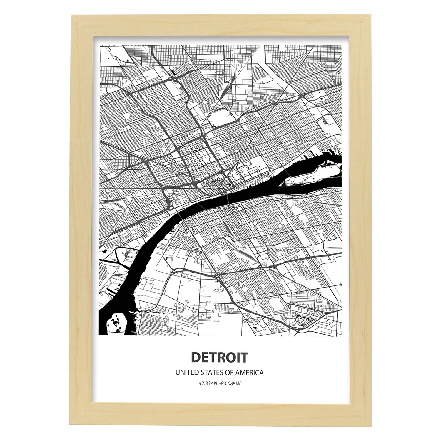 Poster con mapa de Detroit - USA. Láminas de ciudades de Estados Unidos con mares y ríos en color negro.-Artwork-Nacnic-A3-Marco Madera clara-Nacnic Estudio SL