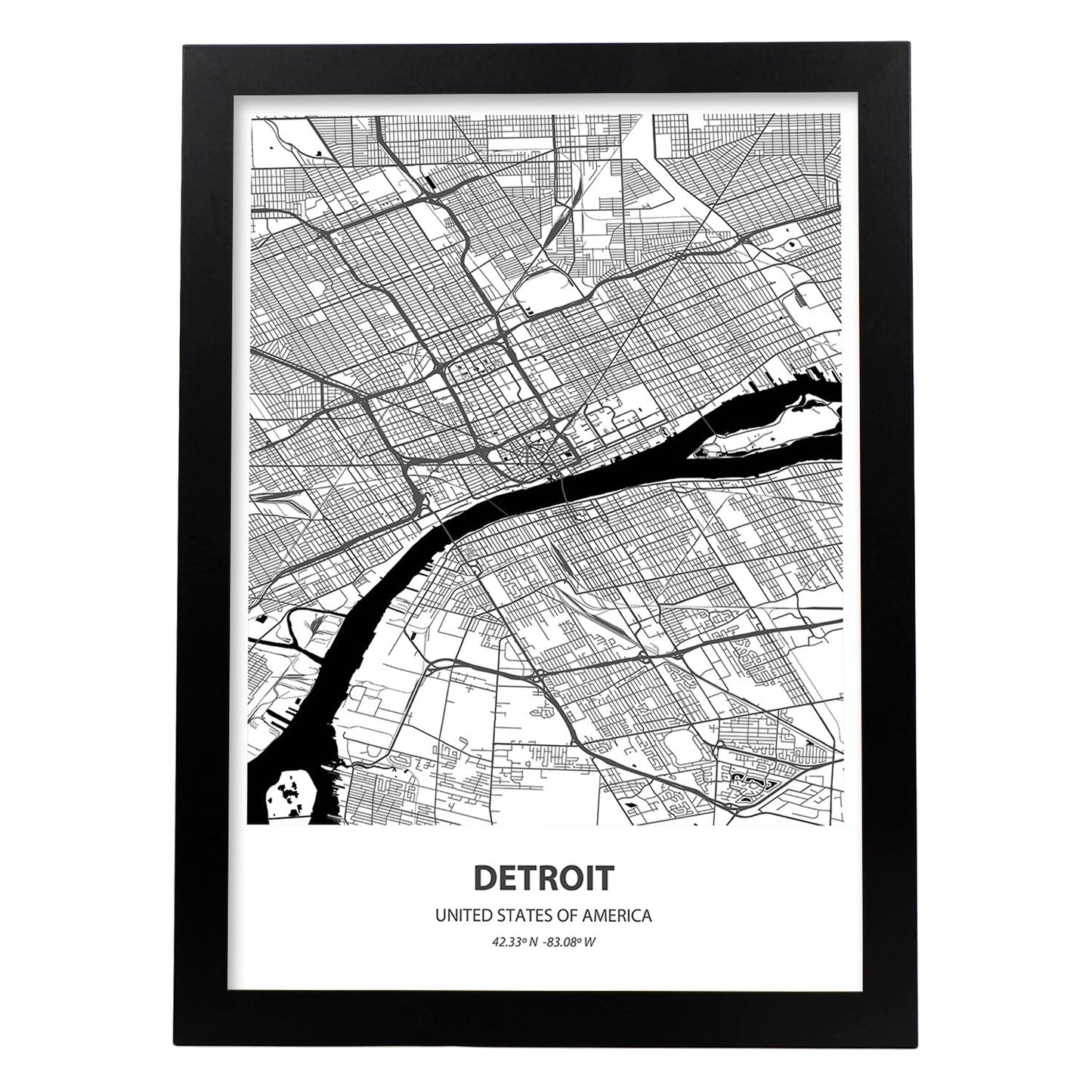 Poster con mapa de Detroit - USA. Láminas de ciudades de Estados Unidos con mares y ríos en color negro.-Artwork-Nacnic-A3-Marco Negro-Nacnic Estudio SL