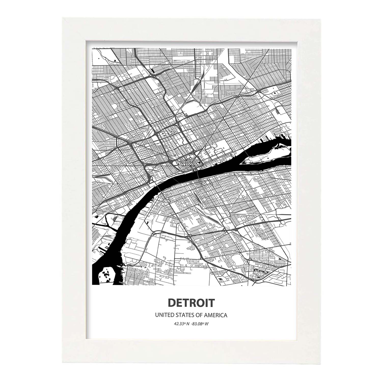 Poster con mapa de Detroit - USA. Láminas de ciudades de Estados Unidos con mares y ríos en color negro.-Artwork-Nacnic-A4-Marco Blanco-Nacnic Estudio SL