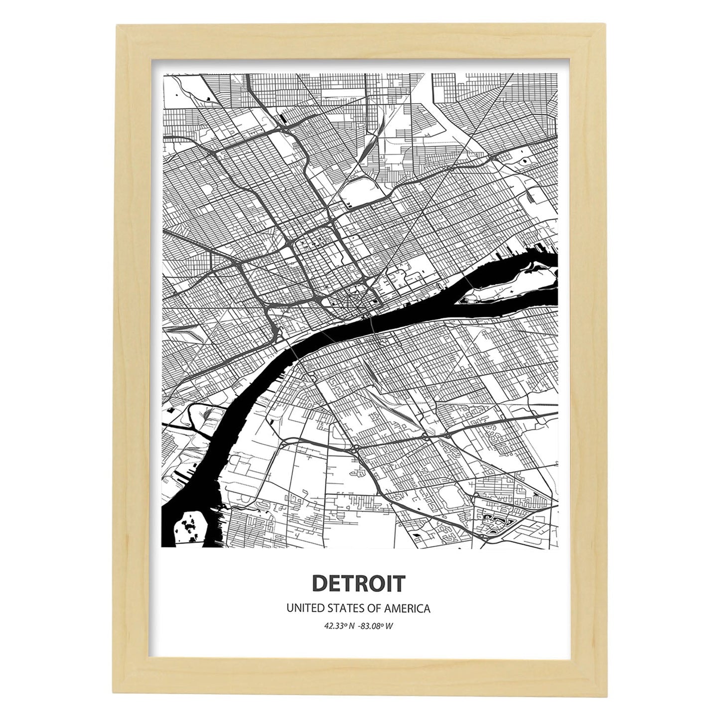 Poster con mapa de Detroit - USA. Láminas de ciudades de Estados Unidos con mares y ríos en color negro.-Artwork-Nacnic-A4-Marco Madera clara-Nacnic Estudio SL