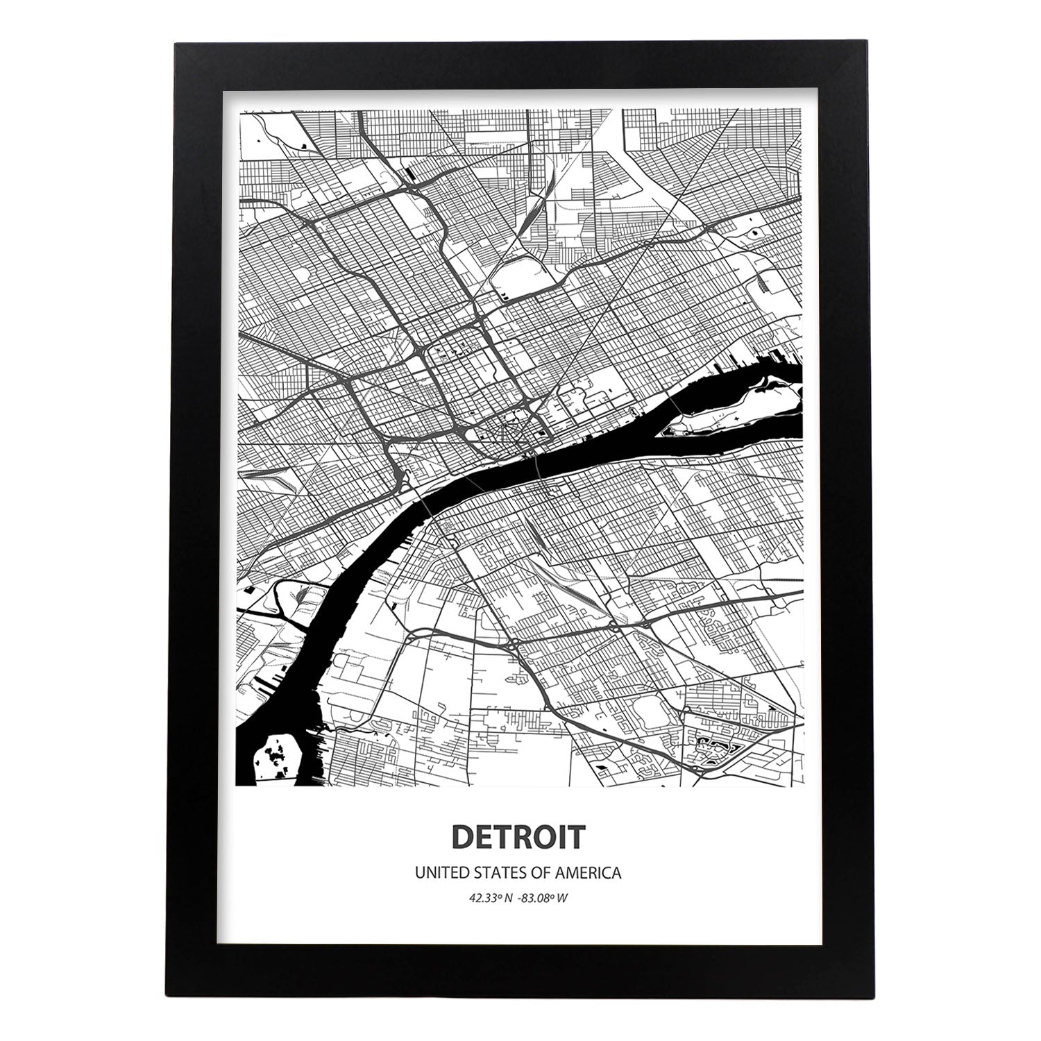 Poster con mapa de Detroit - USA. Láminas de ciudades de Estados Unidos con mares y ríos en color negro.-Artwork-Nacnic-A4-Marco Negro-Nacnic Estudio SL