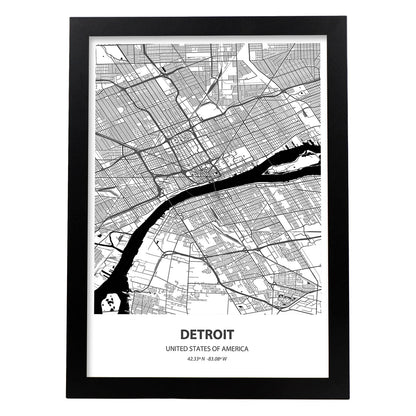 Poster con mapa de Detroit - USA. Láminas de ciudades de Estados Unidos con mares y ríos en color negro.-Artwork-Nacnic-A4-Marco Negro-Nacnic Estudio SL