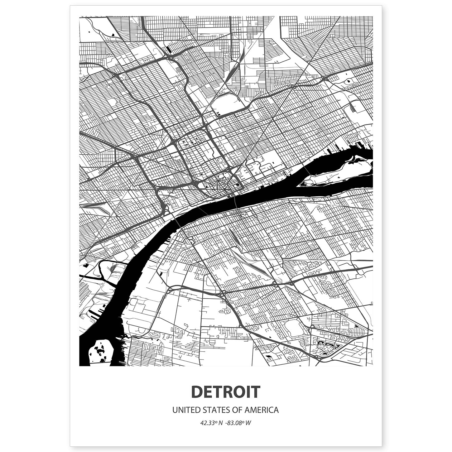 Poster con mapa de Detroit - USA. Láminas de ciudades de Estados Unidos con mares y ríos en color negro.-Artwork-Nacnic-A4-Sin marco-Nacnic Estudio SL