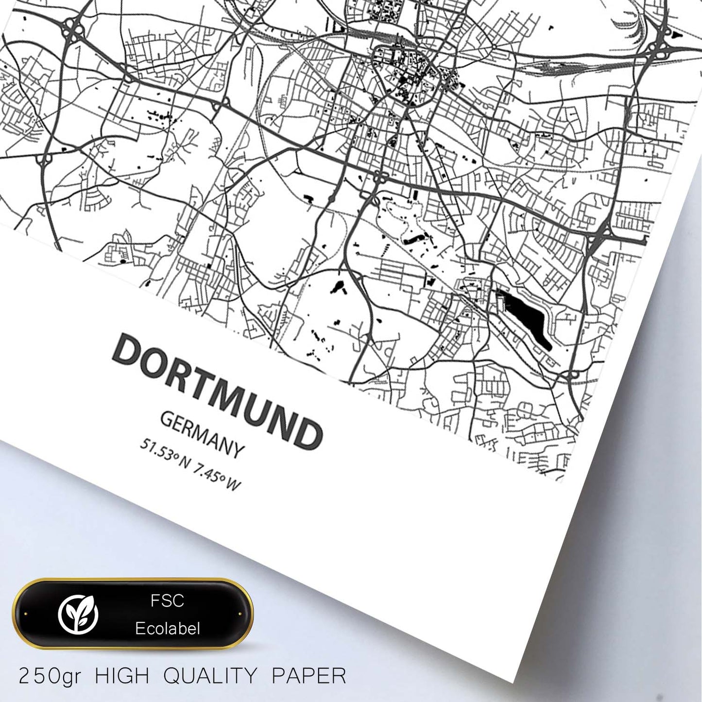 Poster con mapa de Dortmund - Alemania. Láminas de ciudades de Alemania con mares y ríos en color negro.-Artwork-Nacnic-Nacnic Estudio SL