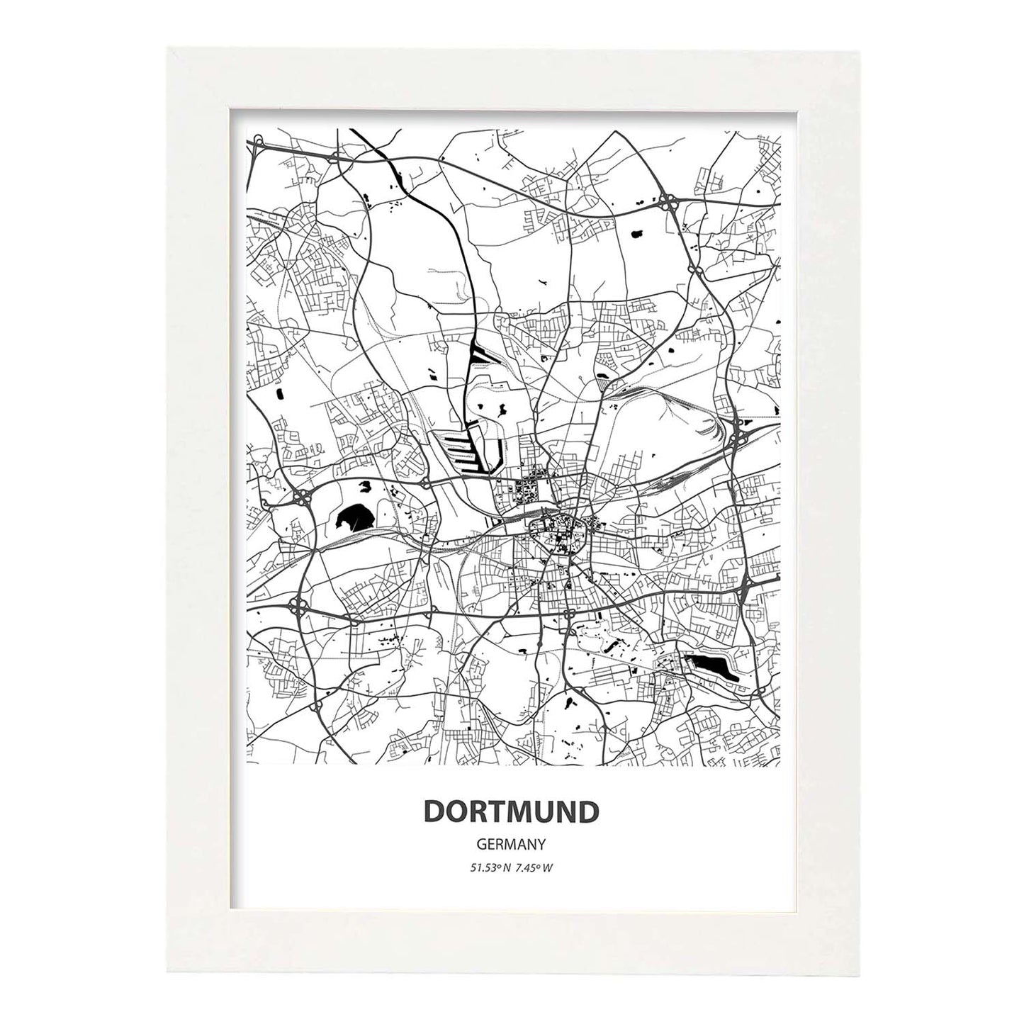 Poster con mapa de Dortmund - Alemania. Láminas de ciudades de Alemania con mares y ríos en color negro.-Artwork-Nacnic-A3-Marco Blanco-Nacnic Estudio SL