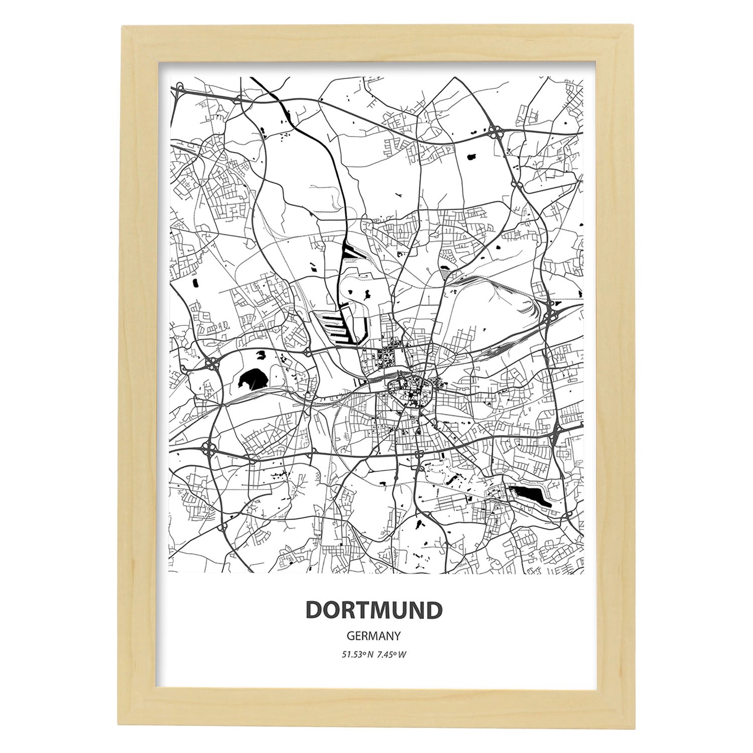 Poster con mapa de Dortmund - Alemania. Láminas de ciudades de Alemania con mares y ríos en color negro.-Artwork-Nacnic-A3-Marco Madera clara-Nacnic Estudio SL