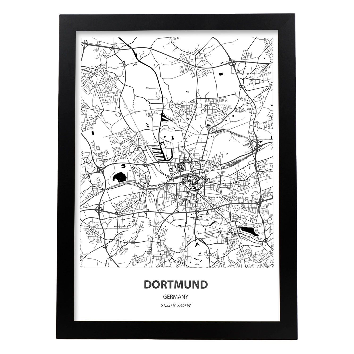 Poster con mapa de Dortmund - Alemania. Láminas de ciudades de Alemania con mares y ríos en color negro.-Artwork-Nacnic-A3-Marco Negro-Nacnic Estudio SL