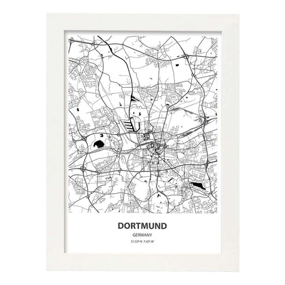 Poster con mapa de Dortmund - Alemania. Láminas de ciudades de Alemania con mares y ríos en color negro.-Artwork-Nacnic-A4-Marco Blanco-Nacnic Estudio SL