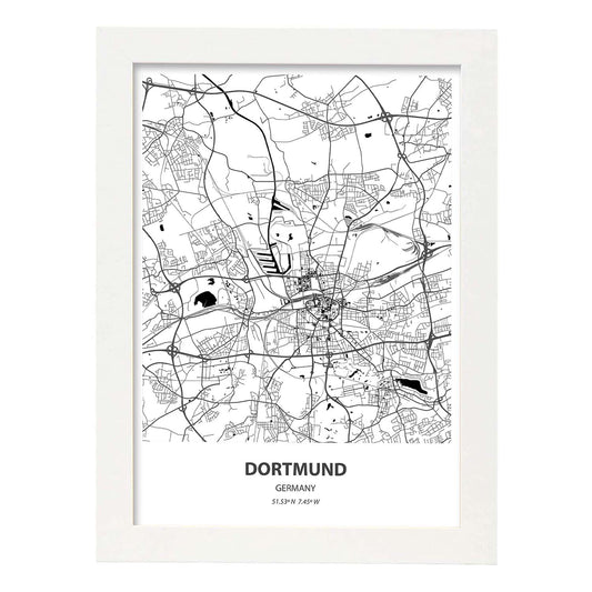 Poster con mapa de Dortmund - Alemania. Láminas de ciudades de Alemania con mares y ríos en color negro.-Artwork-Nacnic-A4-Marco Blanco-Nacnic Estudio SL