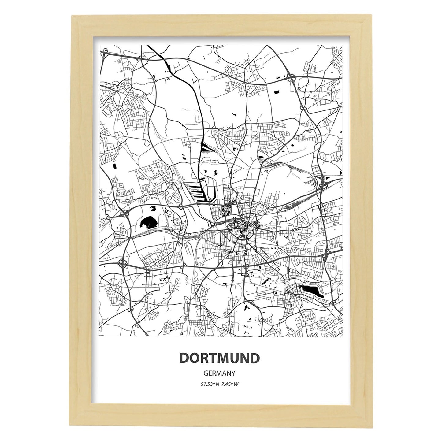Poster con mapa de Dortmund - Alemania. Láminas de ciudades de Alemania con mares y ríos en color negro.-Artwork-Nacnic-A4-Marco Madera clara-Nacnic Estudio SL
