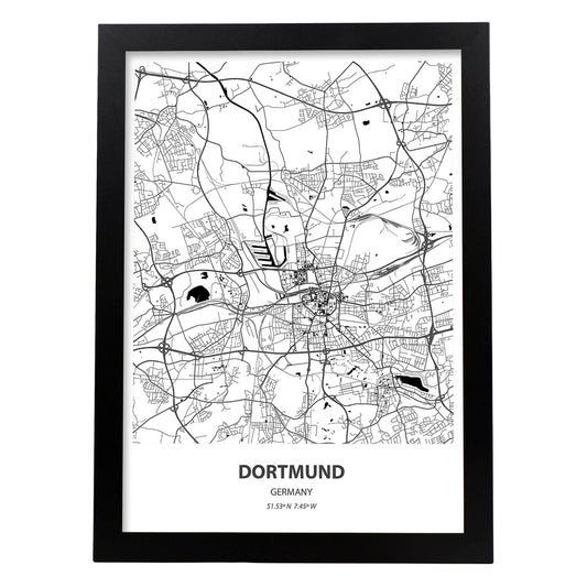 Poster con mapa de Dortmund - Alemania. Láminas de ciudades de Alemania con mares y ríos en color negro.-Artwork-Nacnic-A4-Marco Negro-Nacnic Estudio SL
