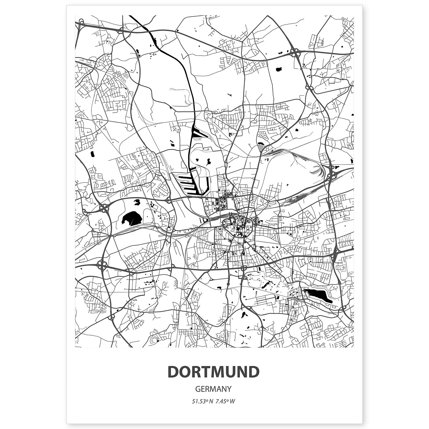Poster con mapa de Dortmund - Alemania. Láminas de ciudades de Alemania con mares y ríos en color negro.-Artwork-Nacnic-A4-Sin marco-Nacnic Estudio SL