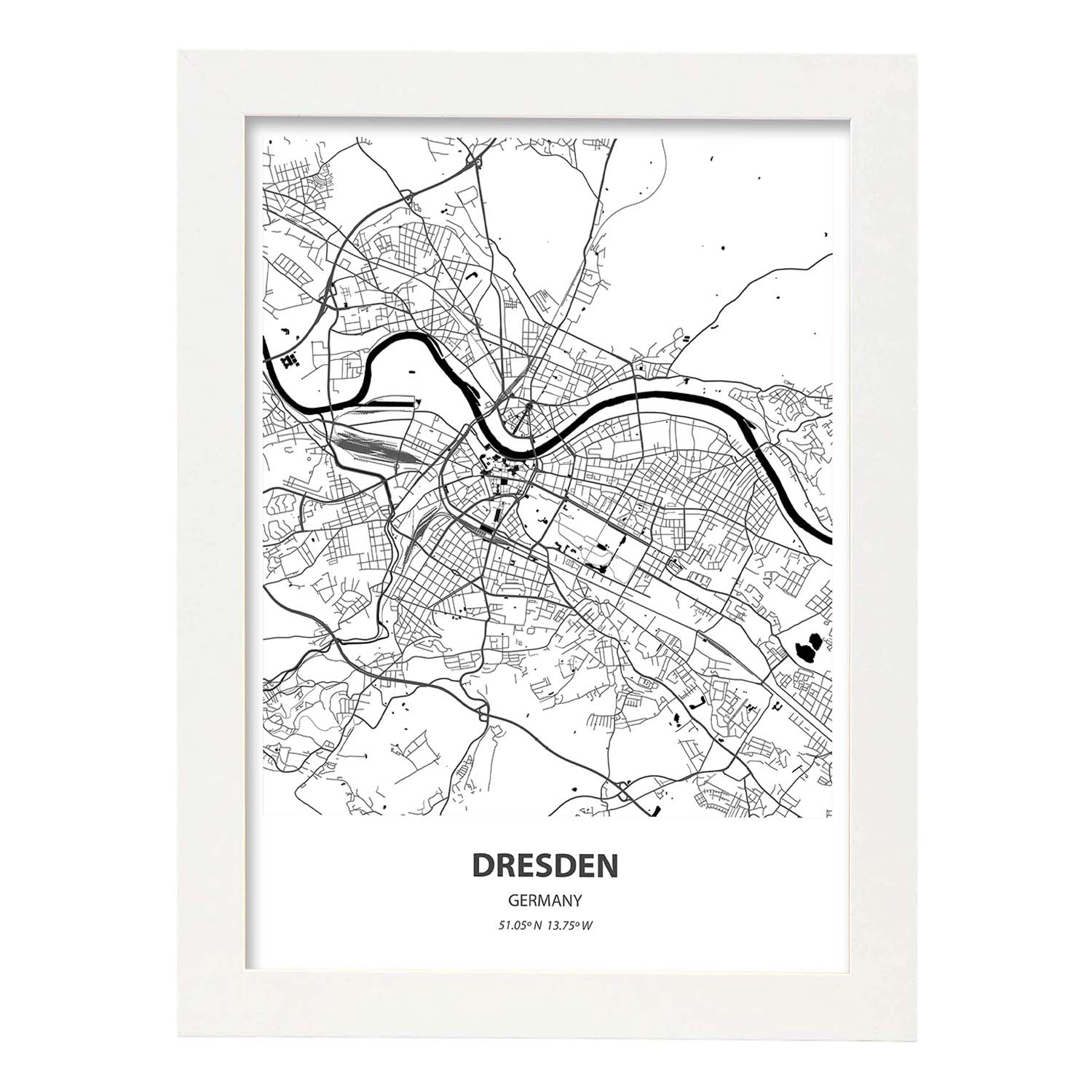 Poster con mapa de Dresden - Alemania. Láminas de ciudades de Alemania con mares y ríos en color negro.-Artwork-Nacnic-A3-Marco Blanco-Nacnic Estudio SL