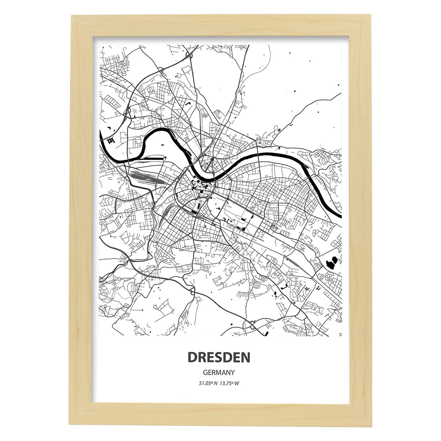 Poster con mapa de Dresden - Alemania. Láminas de ciudades de Alemania con mares y ríos en color negro.-Artwork-Nacnic-A3-Marco Madera clara-Nacnic Estudio SL