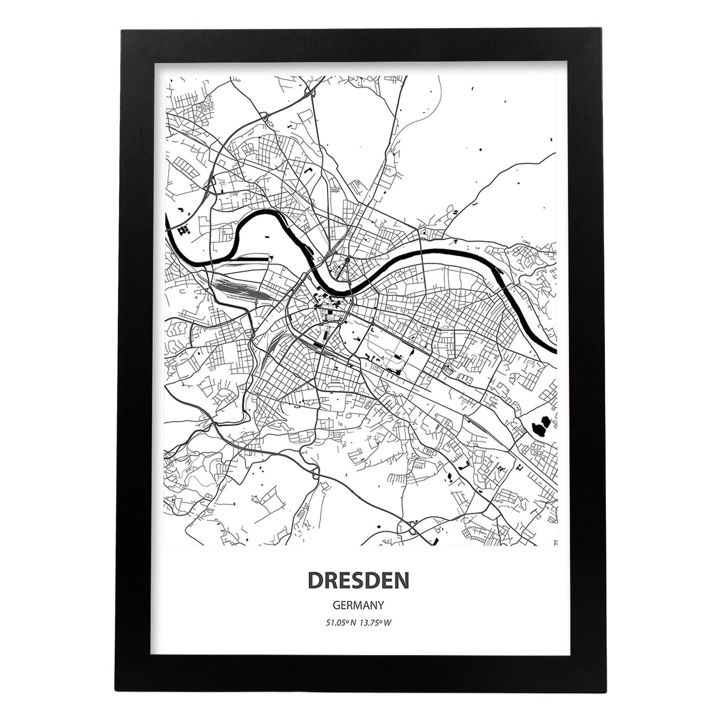 Poster con mapa de Dresden - Alemania. Láminas de ciudades de Alemania con mares y ríos en color negro.-Artwork-Nacnic-A3-Marco Negro-Nacnic Estudio SL