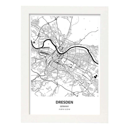 Poster con mapa de Dresden - Alemania. Láminas de ciudades de Alemania con mares y ríos en color negro.-Artwork-Nacnic-A4-Marco Blanco-Nacnic Estudio SL