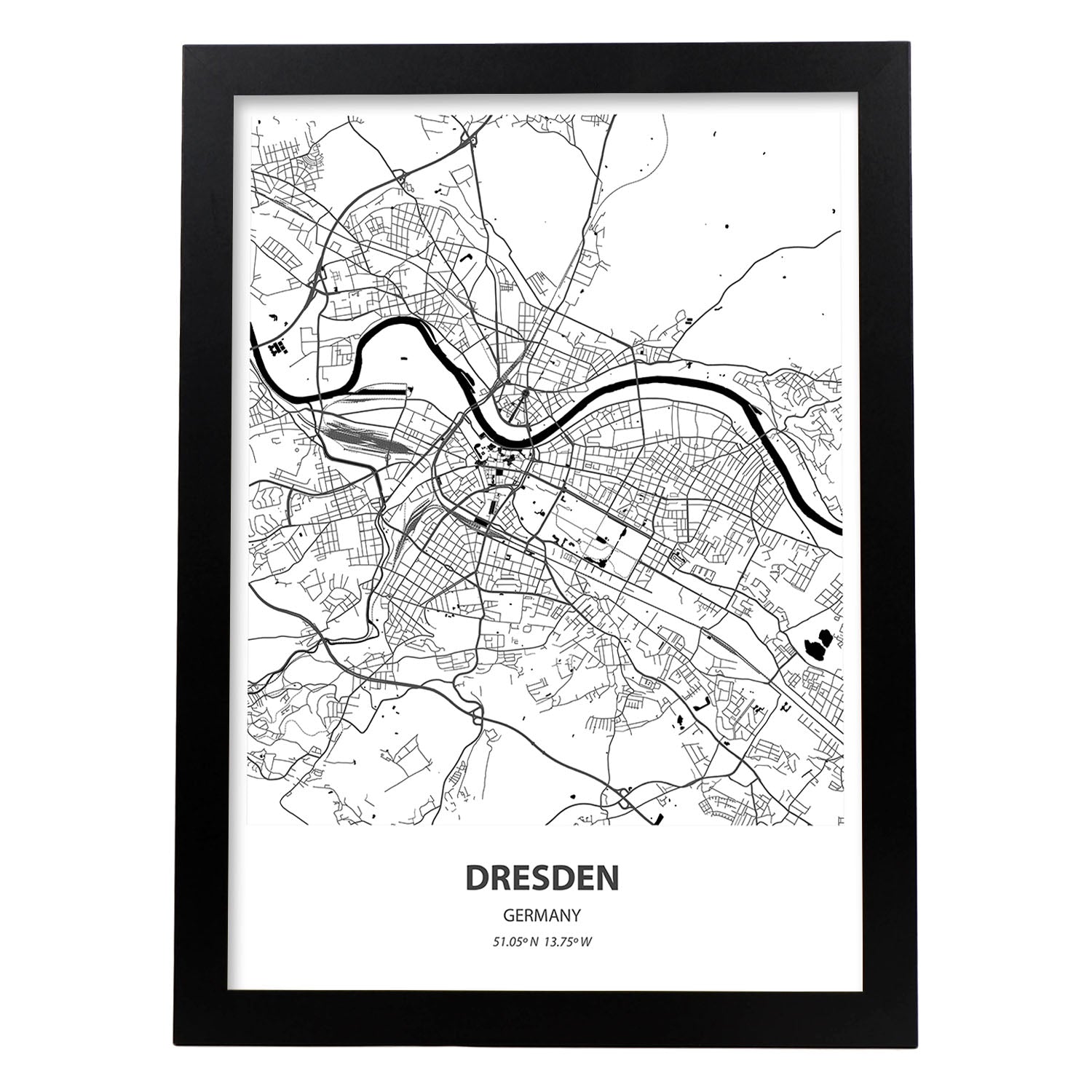 Poster con mapa de Dresden - Alemania. Láminas de ciudades de Alemania con mares y ríos en color negro.-Artwork-Nacnic-A4-Marco Negro-Nacnic Estudio SL