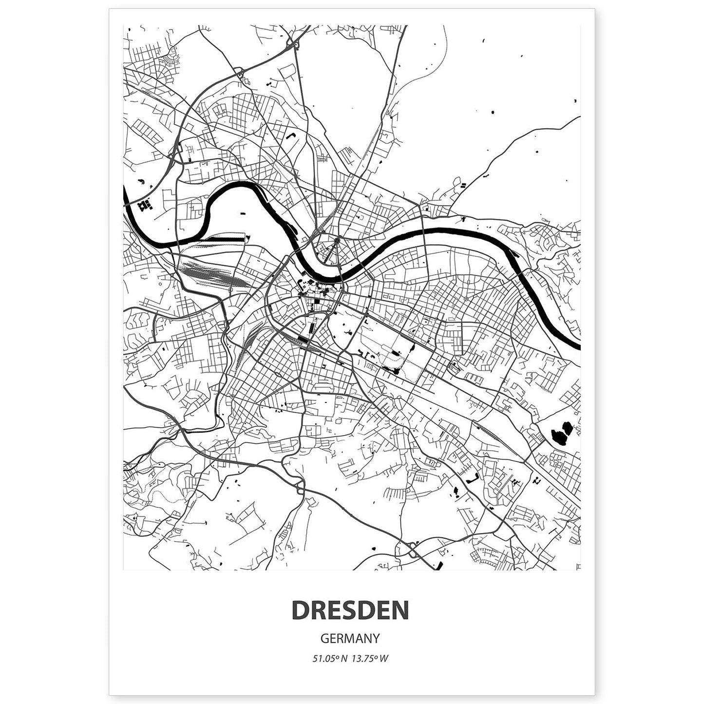 Poster con mapa de Dresden - Alemania. Láminas de ciudades de Alemania con mares y ríos en color negro.-Artwork-Nacnic-A4-Sin marco-Nacnic Estudio SL