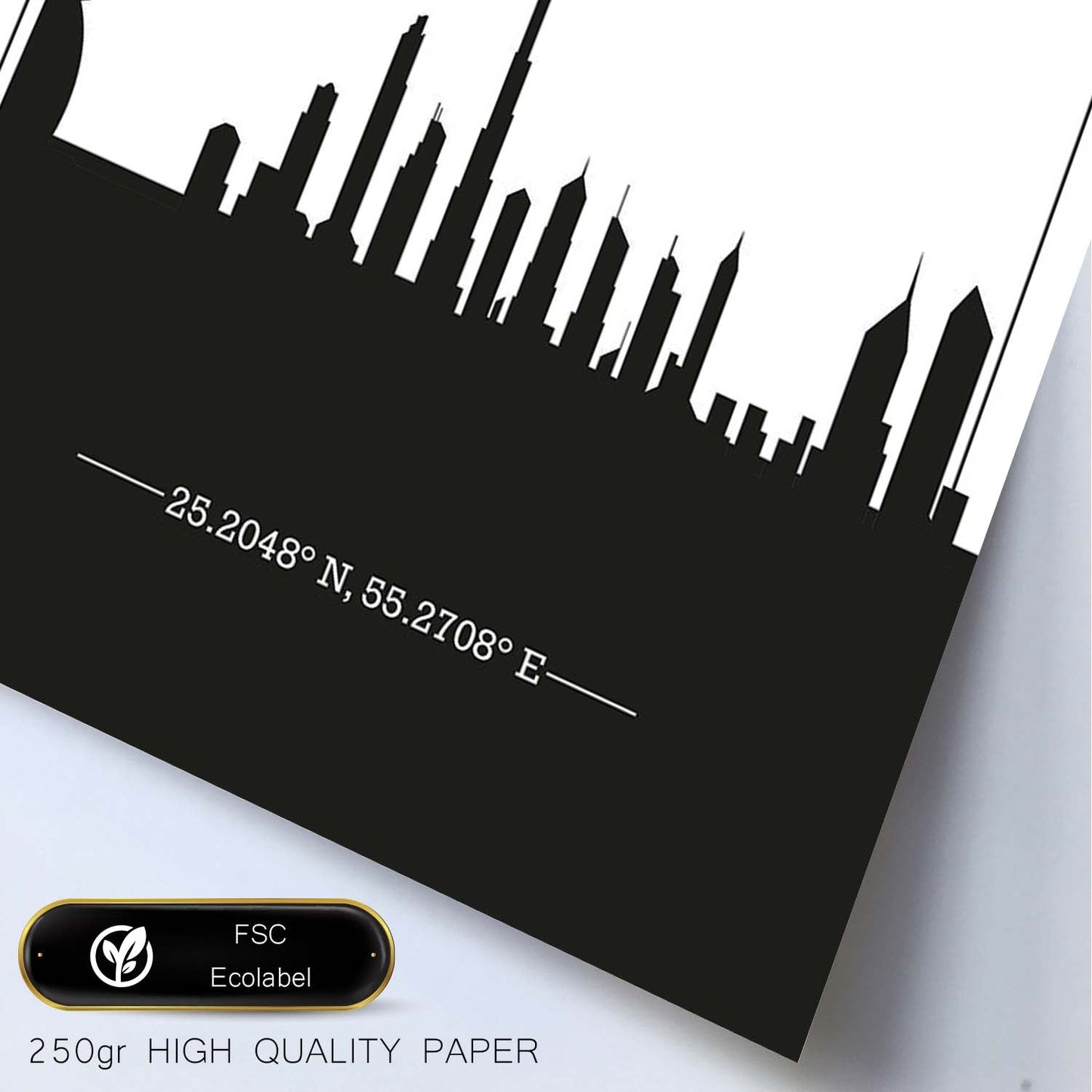 Poster con mapa de Dubai - Emiratos Arabes Unidos. Láminas con Skyline de ciudades de Asia, Australia, y Oriente Medio con sombra negra.-Artwork-Nacnic-Nacnic Estudio SL