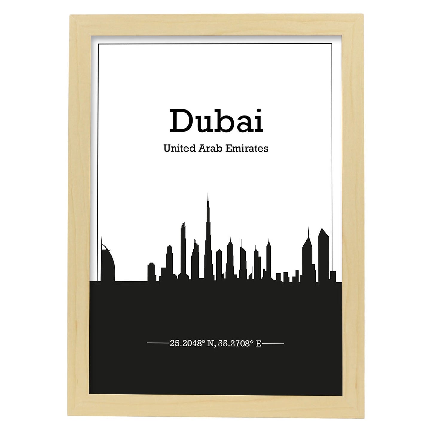 Poster con mapa de Dubai - Emiratos Arabes Unidos. Láminas con Skyline de ciudades de Asia, Australia, y Oriente Medio con sombra negra.-Artwork-Nacnic-A3-Marco Madera clara-Nacnic Estudio SL