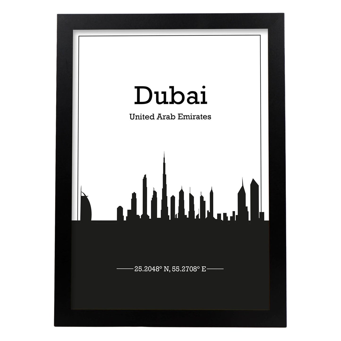 Poster con mapa de Dubai - Emiratos Arabes Unidos. Láminas con Skyline de ciudades de Asia, Australia, y Oriente Medio con sombra negra.-Artwork-Nacnic-A3-Marco Negro-Nacnic Estudio SL