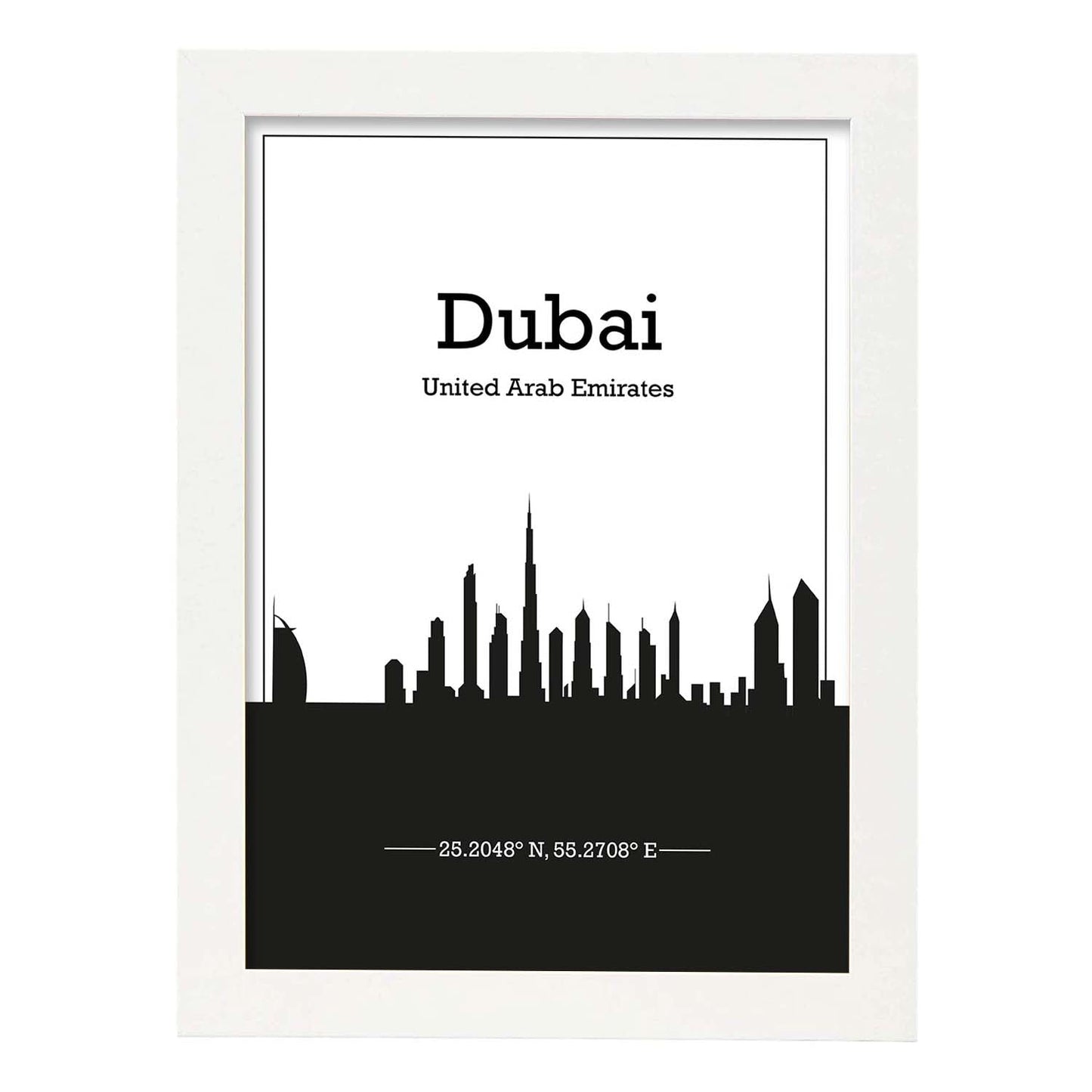 Poster con mapa de Dubai - Emiratos Arabes Unidos. Láminas con Skyline de ciudades de Asia, Australia, y Oriente Medio con sombra negra.-Artwork-Nacnic-A4-Marco Blanco-Nacnic Estudio SL