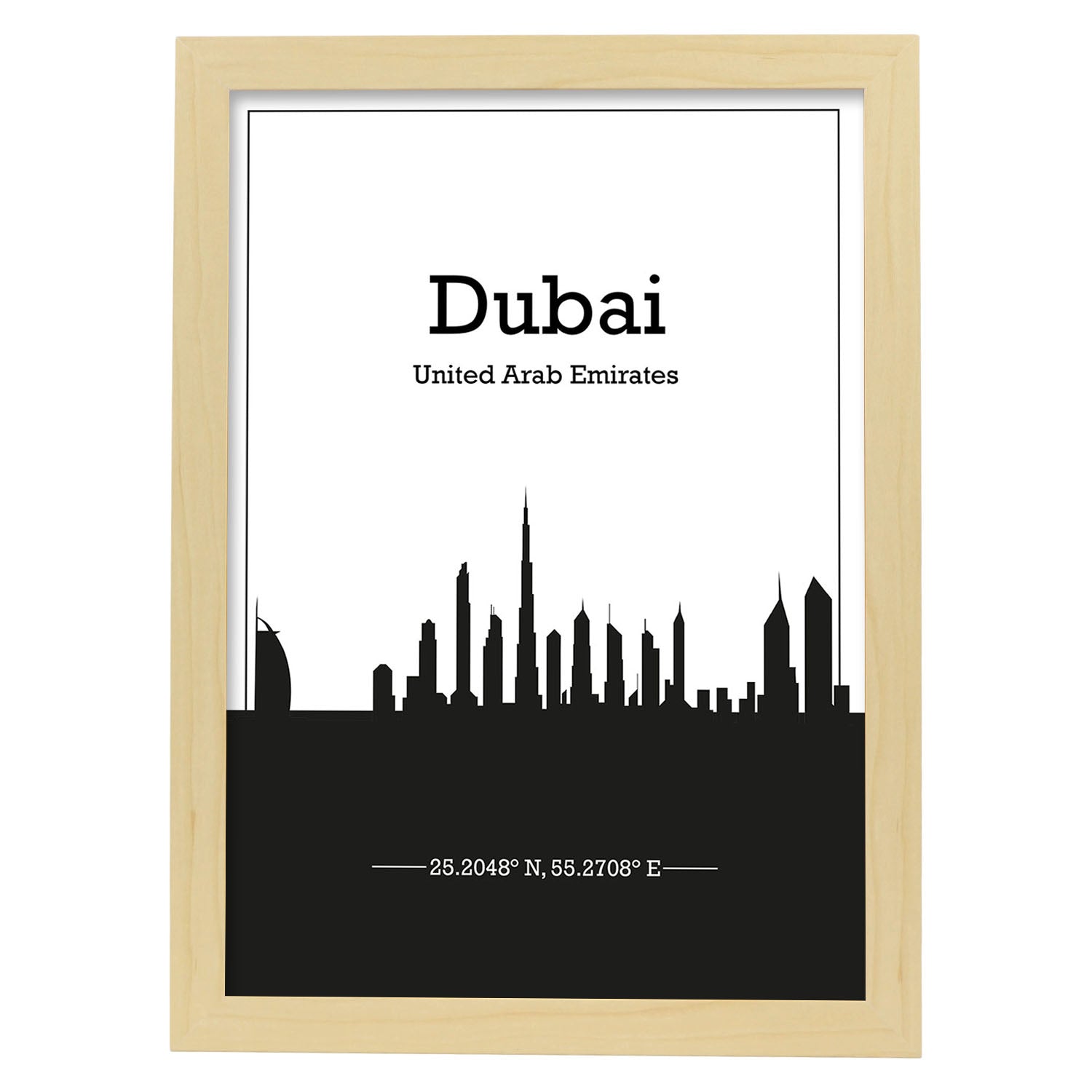 Poster con mapa de Dubai - Emiratos Arabes Unidos. Láminas con Skyline de ciudades de Asia, Australia, y Oriente Medio con sombra negra.-Artwork-Nacnic-A4-Marco Madera clara-Nacnic Estudio SL