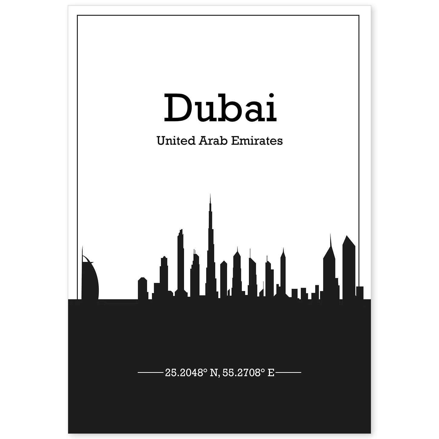 Poster con mapa de Dubai - Emiratos Arabes Unidos. Láminas con Skyline de ciudades de Asia, Australia, y Oriente Medio con sombra negra.-Artwork-Nacnic-A4-Sin marco-Nacnic Estudio SL