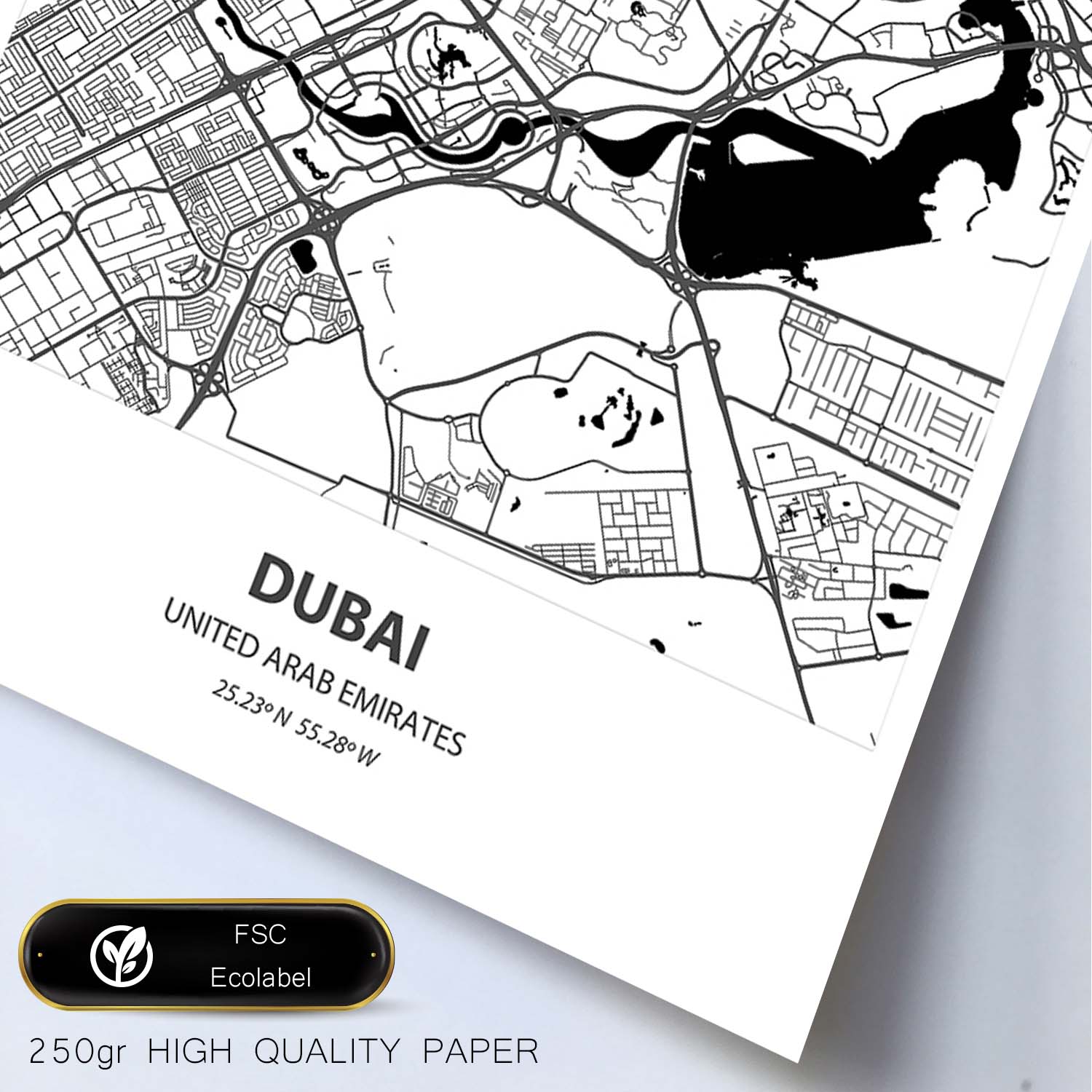 Poster con mapa de Dubai - Emiratos Arabes Unidos. Láminas de ciudades de Oriente Medio con mares y ríos en color negro.-Artwork-Nacnic-Nacnic Estudio SL