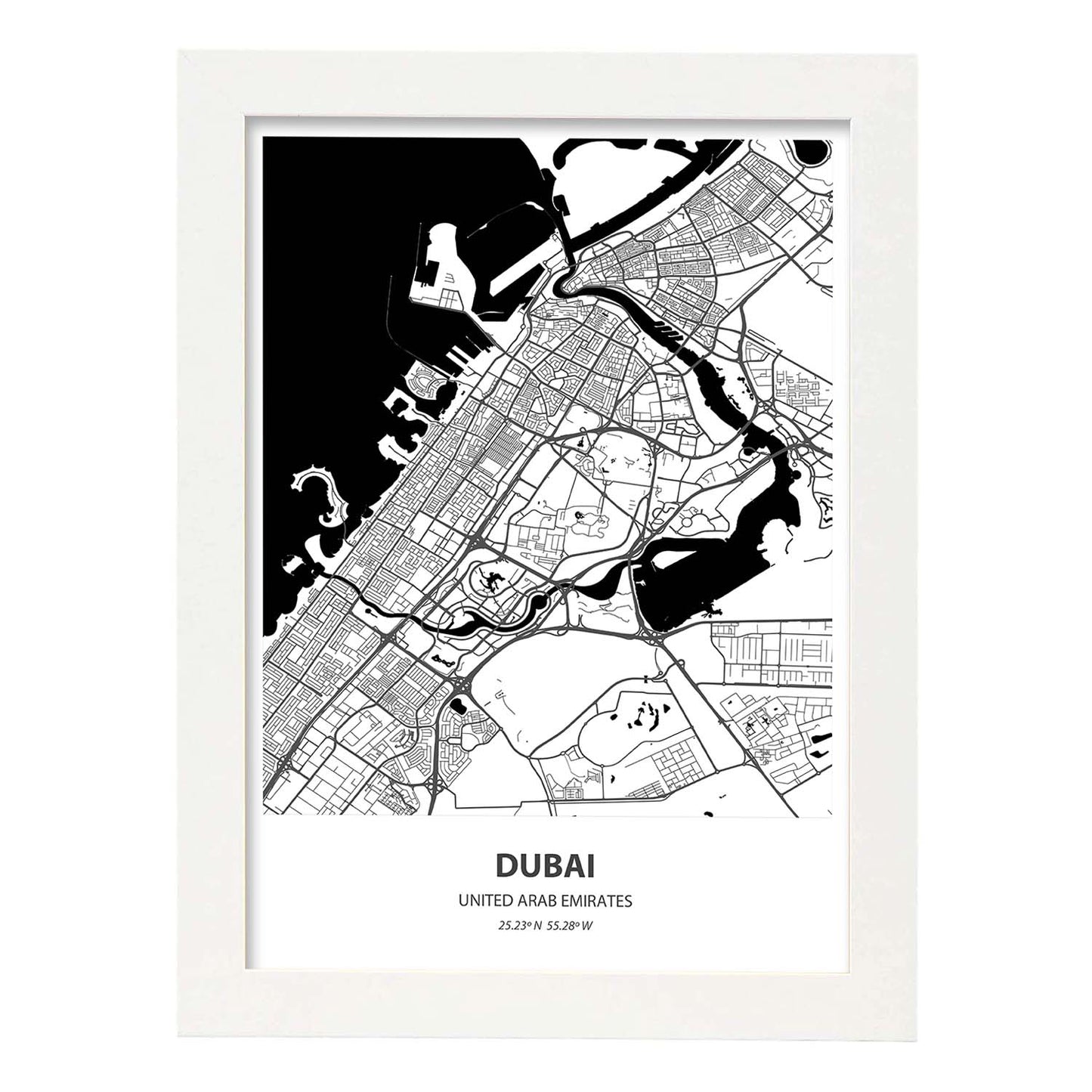 Poster con mapa de Dubai - Emiratos Arabes Unidos. Láminas de ciudades de Oriente Medio con mares y ríos en color negro.-Artwork-Nacnic-A3-Marco Blanco-Nacnic Estudio SL