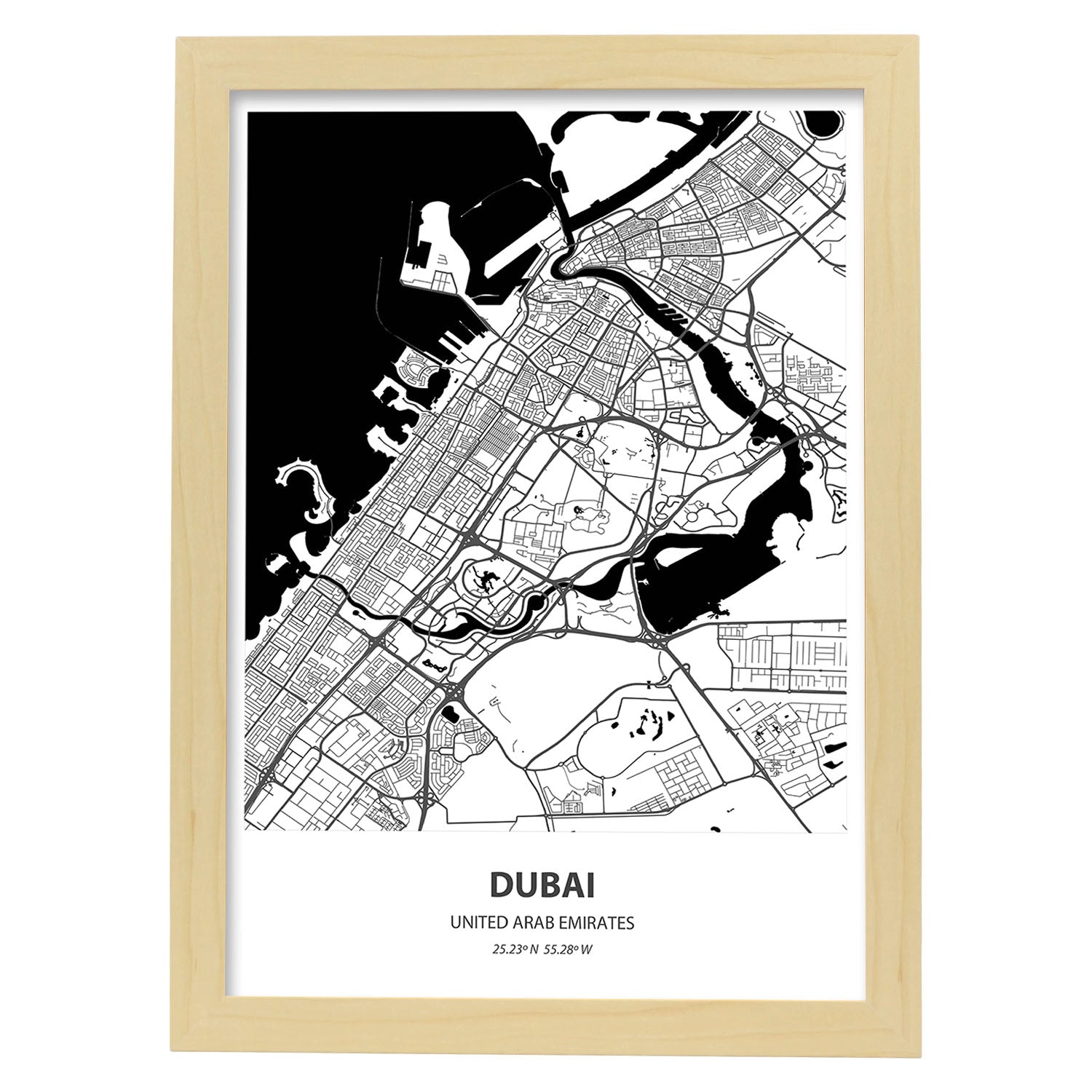 Poster con mapa de Dubai - Emiratos Arabes Unidos. Láminas de ciudades de Oriente Medio con mares y ríos en color negro.-Artwork-Nacnic-A3-Marco Madera clara-Nacnic Estudio SL