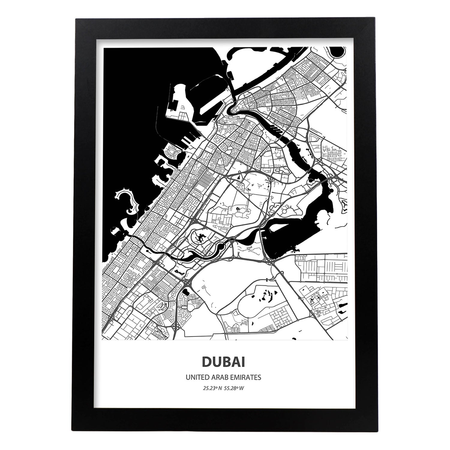 Poster con mapa de Dubai - Emiratos Arabes Unidos. Láminas de ciudades de Oriente Medio con mares y ríos en color negro.-Artwork-Nacnic-A3-Marco Negro-Nacnic Estudio SL
