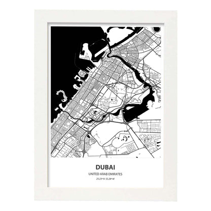 Poster con mapa de Dubai - Emiratos Arabes Unidos. Láminas de ciudades de Oriente Medio con mares y ríos en color negro.-Artwork-Nacnic-A4-Marco Blanco-Nacnic Estudio SL