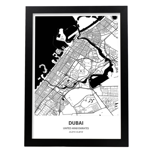 Poster con mapa de Dubai - Emiratos Arabes Unidos. Láminas de ciudades de Oriente Medio con mares y ríos en color negro.-Artwork-Nacnic-A4-Marco Negro-Nacnic Estudio SL