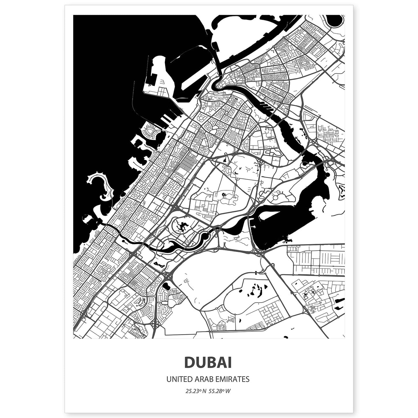 Poster con mapa de Dubai - Emiratos Arabes Unidos. Láminas de ciudades de Oriente Medio con mares y ríos en color negro.-Artwork-Nacnic-A4-Sin marco-Nacnic Estudio SL