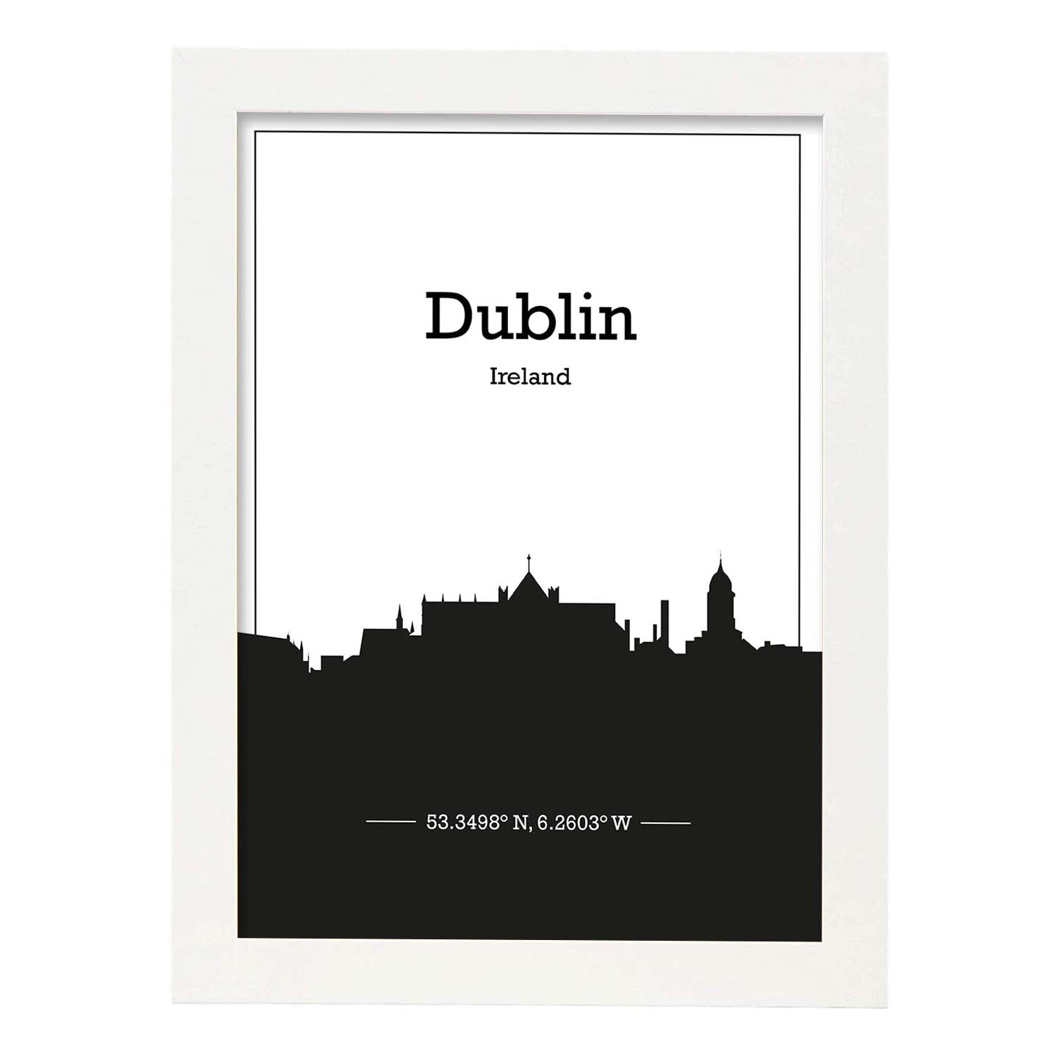 Poster con mapa de Dublin - Irlanda. Láminas con Skyline de ciudades de Inglaterra e Irlanda con sombra negra.-Artwork-Nacnic-A3-Marco Blanco-Nacnic Estudio SL