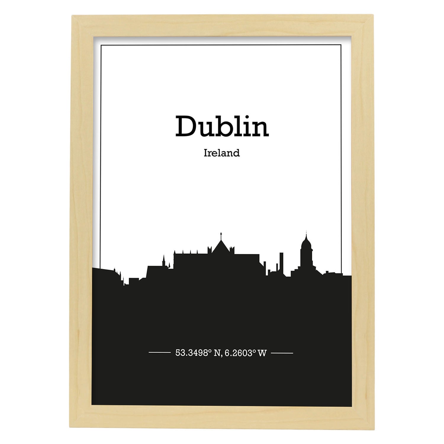 Poster con mapa de Dublin - Irlanda. Láminas con Skyline de ciudades de Inglaterra e Irlanda con sombra negra.-Artwork-Nacnic-A3-Marco Madera clara-Nacnic Estudio SL