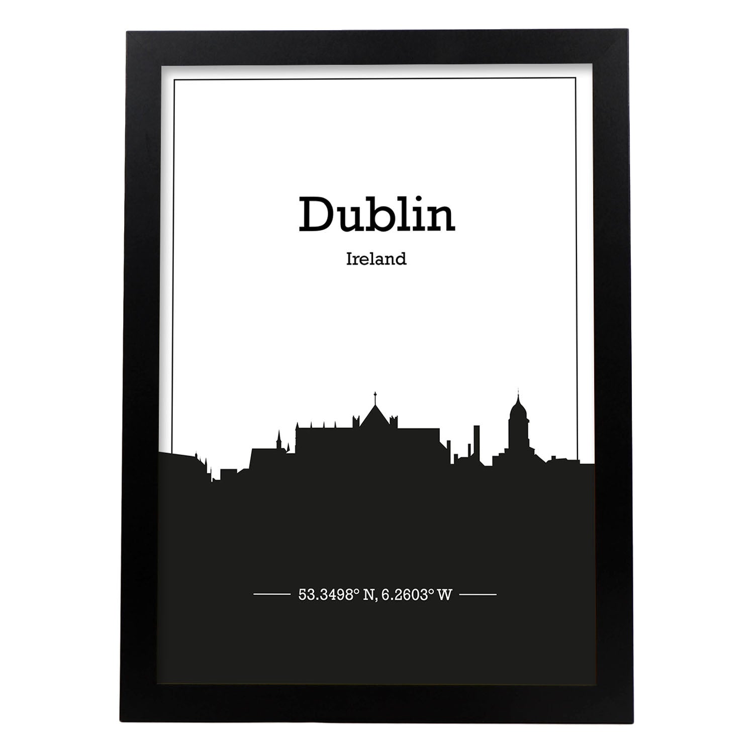 Poster con mapa de Dublin - Irlanda. Láminas con Skyline de ciudades de Inglaterra e Irlanda con sombra negra.-Artwork-Nacnic-A3-Marco Negro-Nacnic Estudio SL