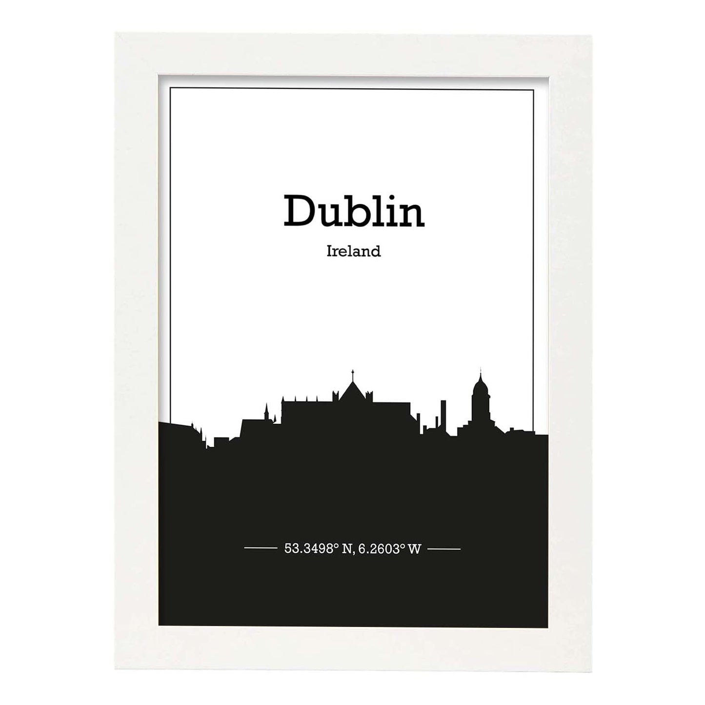 Poster con mapa de Dublin - Irlanda. Láminas con Skyline de ciudades de Inglaterra e Irlanda con sombra negra.-Artwork-Nacnic-A4-Marco Blanco-Nacnic Estudio SL
