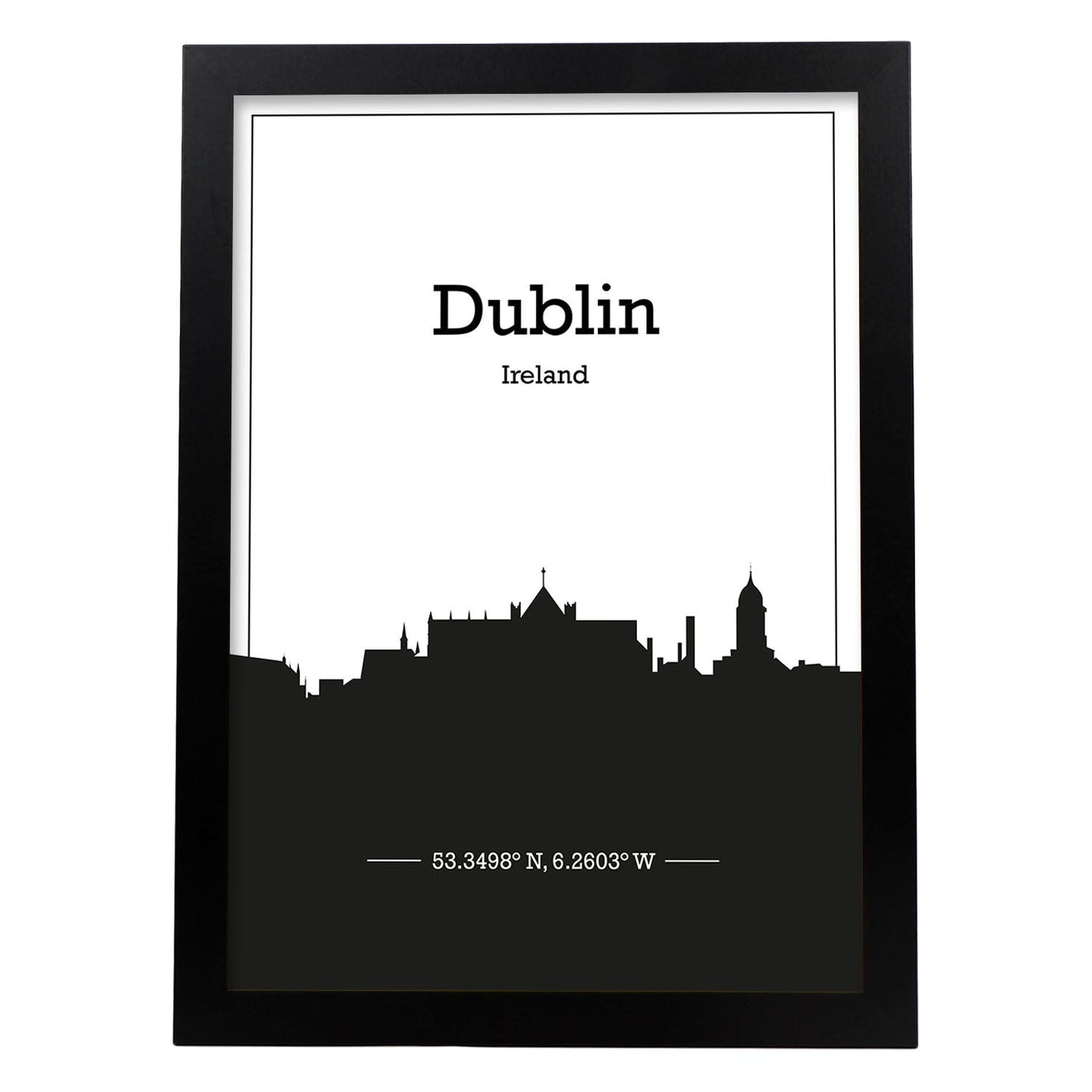Poster con mapa de Dublin - Irlanda. Láminas con Skyline de ciudades de Inglaterra e Irlanda con sombra negra.-Artwork-Nacnic-A4-Marco Negro-Nacnic Estudio SL