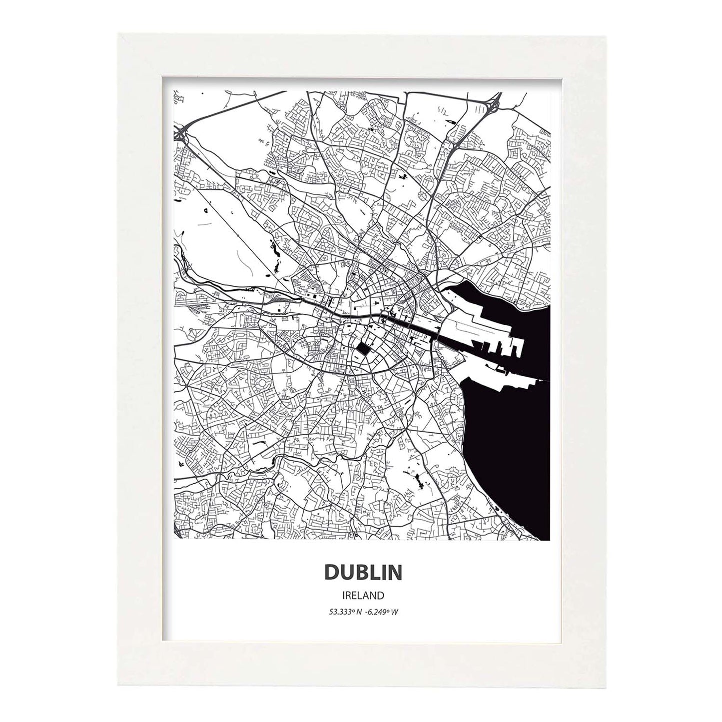 Poster con mapa de Dublin - Irlanda. Láminas de ciudades de Europa con mares y ríos en color negro.-Artwork-Nacnic-A3-Marco Blanco-Nacnic Estudio SL