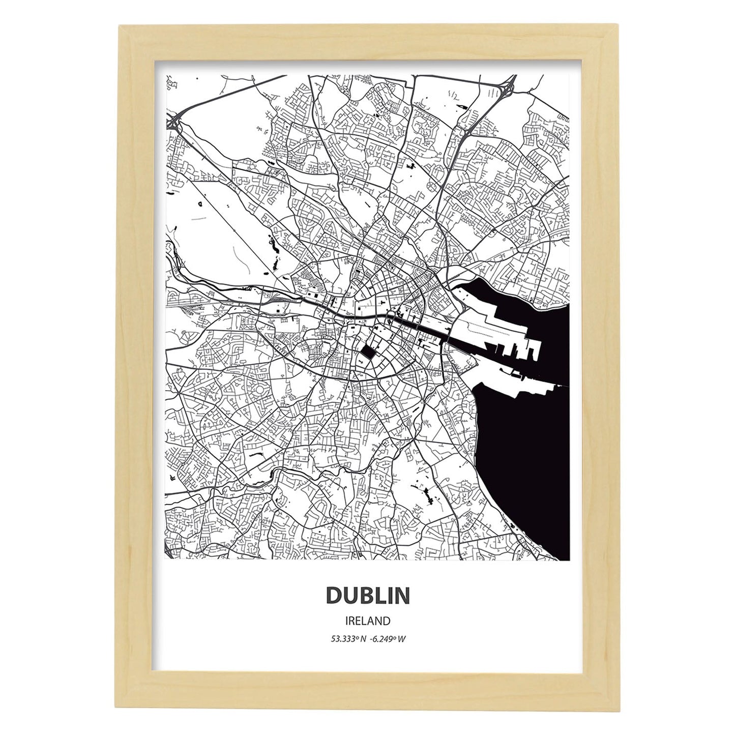 Poster con mapa de Dublin - Irlanda. Láminas de ciudades de Europa con mares y ríos en color negro.-Artwork-Nacnic-A3-Marco Madera clara-Nacnic Estudio SL