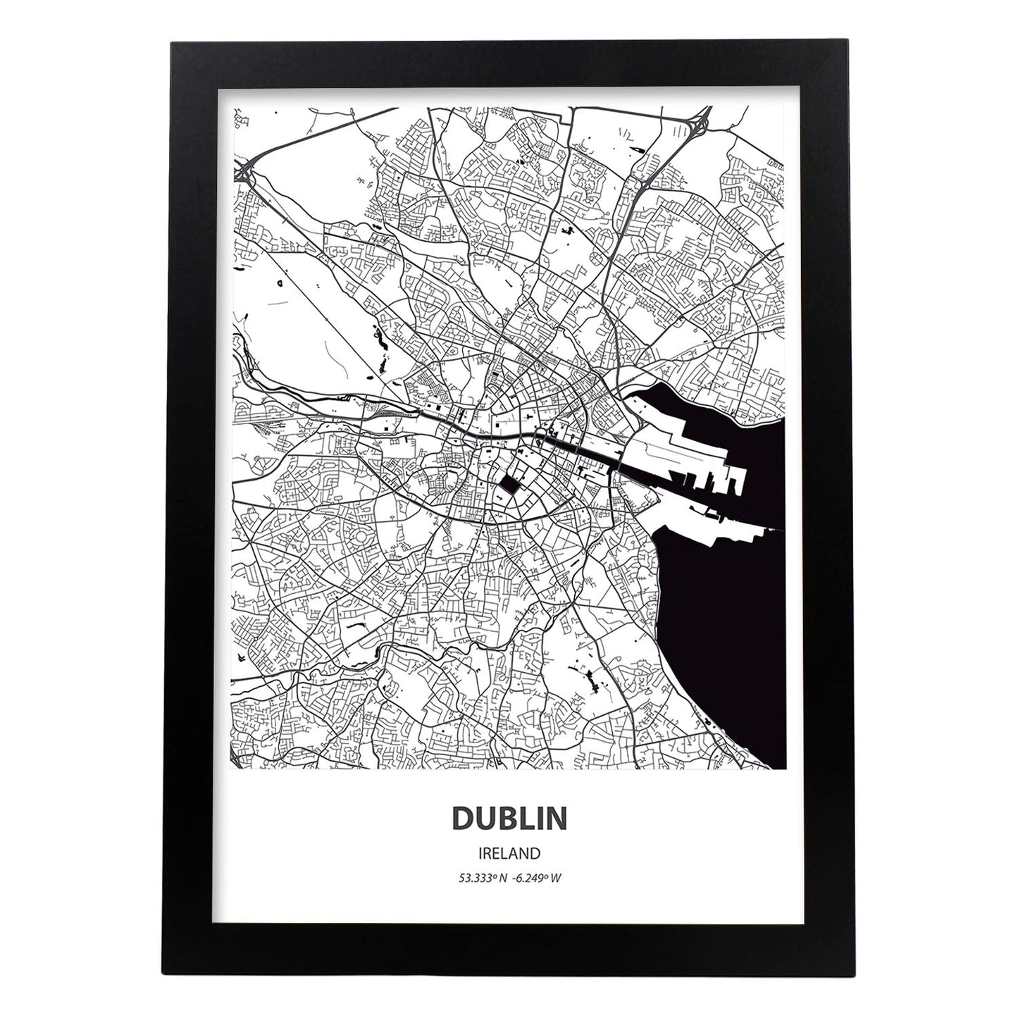 Poster con mapa de Dublin - Irlanda. Láminas de ciudades de Europa con mares y ríos en color negro.-Artwork-Nacnic-A3-Marco Negro-Nacnic Estudio SL