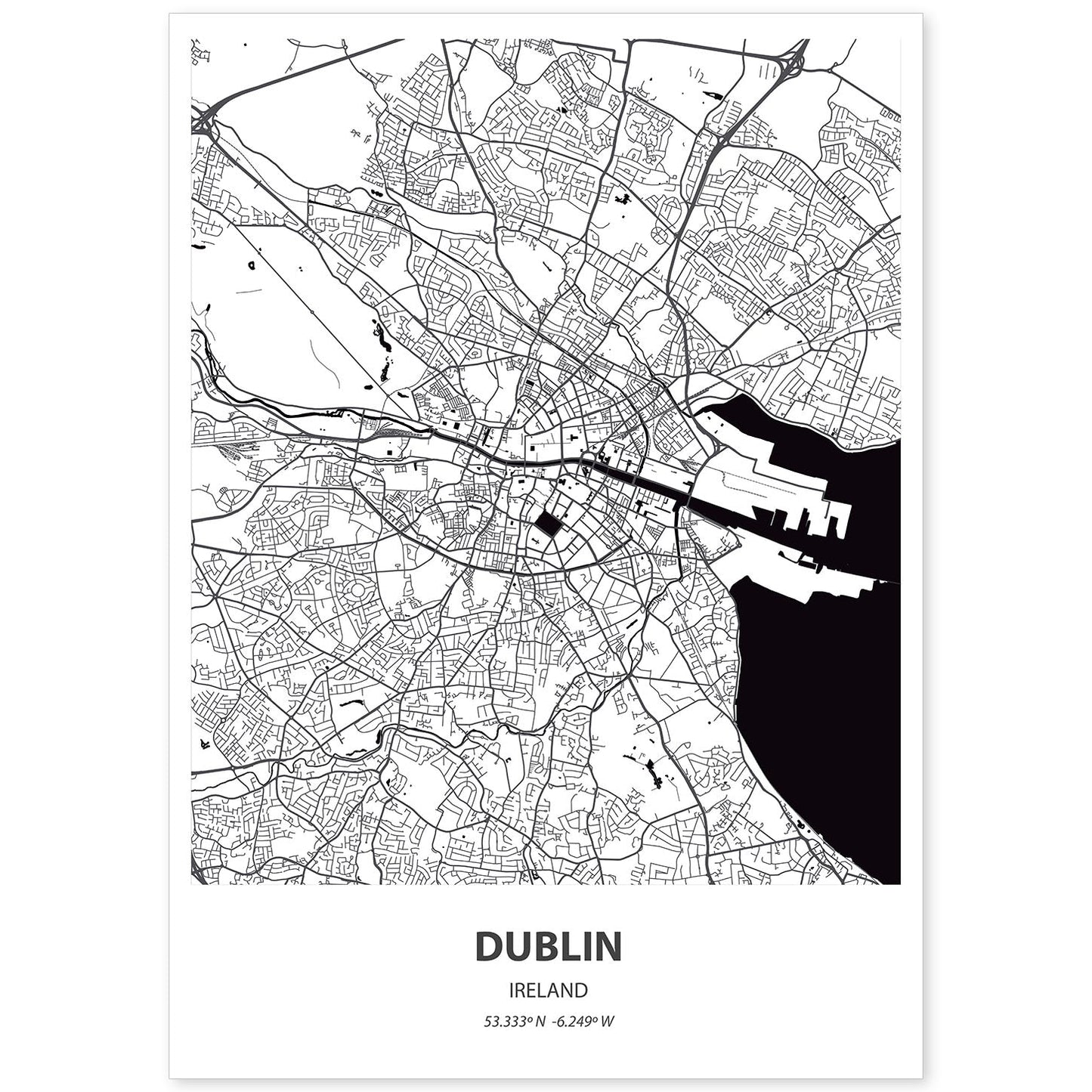 Poster con mapa de Dublin - Irlanda. Láminas de ciudades de Europa con mares y ríos en color negro.-Artwork-Nacnic-A4-Sin marco-Nacnic Estudio SL