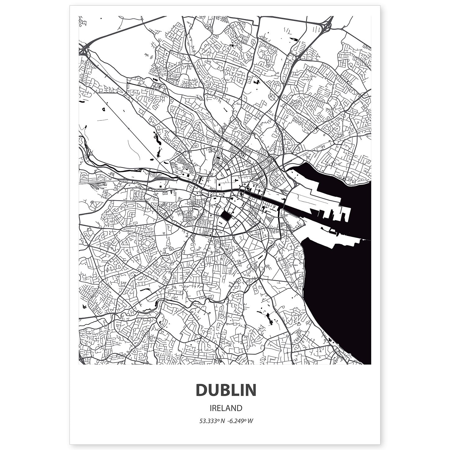 Poster con mapa de Dublin - Irlanda. Láminas de ciudades de Europa con mares y ríos en color negro.-Artwork-Nacnic-A4-Sin marco-Nacnic Estudio SL