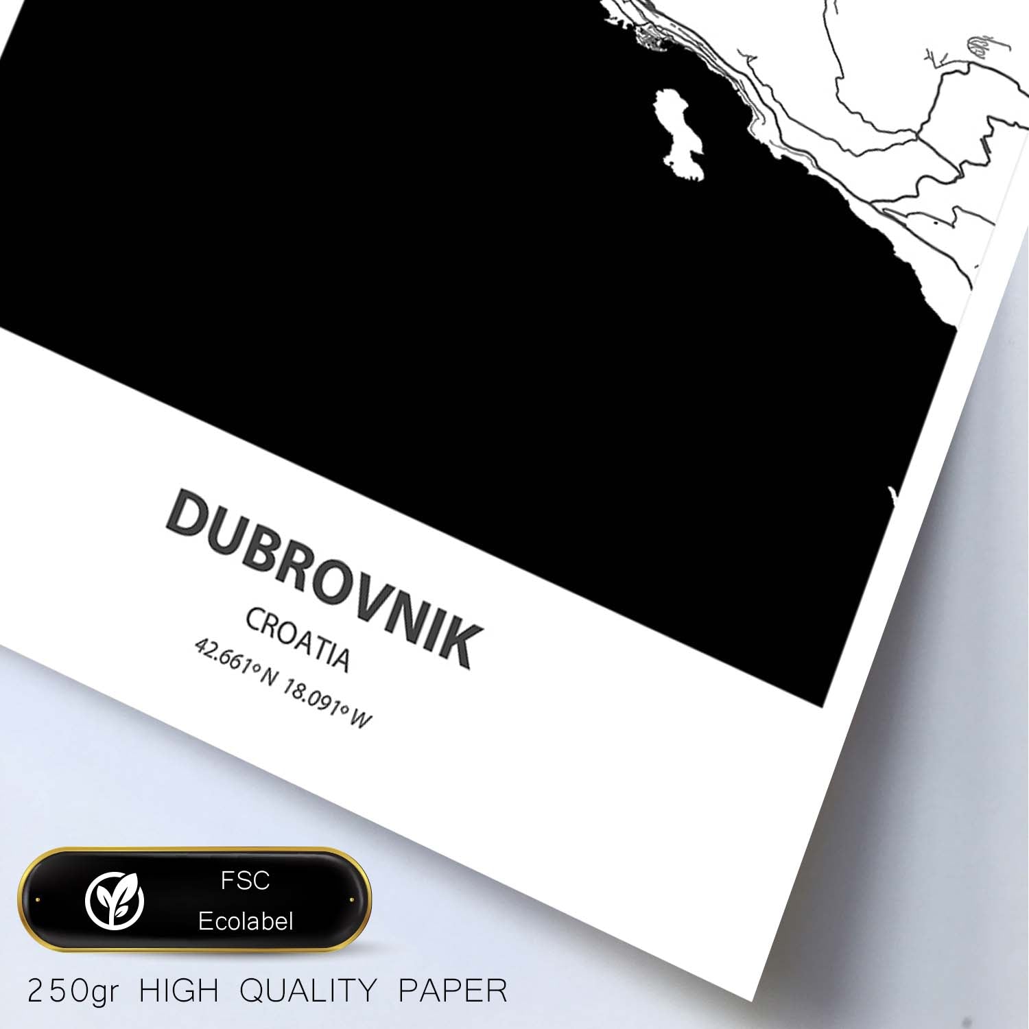 Poster con mapa de Dubrokniv - Croacia. Láminas de ciudades de Europa con mares y ríos en color negro.-Artwork-Nacnic-Nacnic Estudio SL
